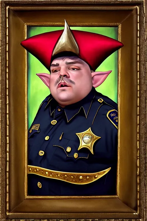 Image similar to high fantasy elf mall cop with a sheriff's badge that is fat, shifty, and incompetent, portrait from the chest up by Carvagio, Oil Painting, hyper realistic,, 8k UHD scan