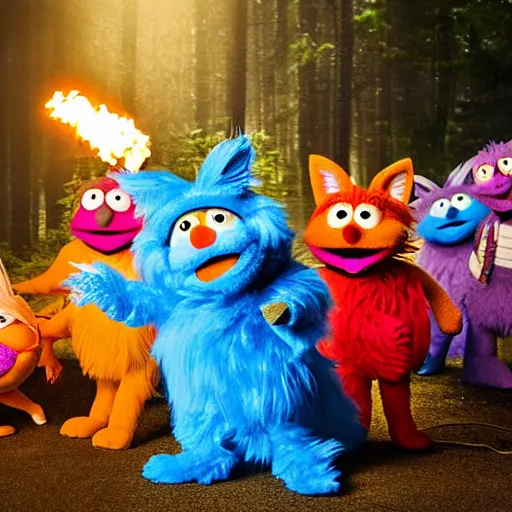 Image similar to a large fox furby muppet holding a lit torch and herding a bunch of random muppet animals following behind through a dark felt forest at night, sesame street, photograph, photography, ultrarealistic, national geographic