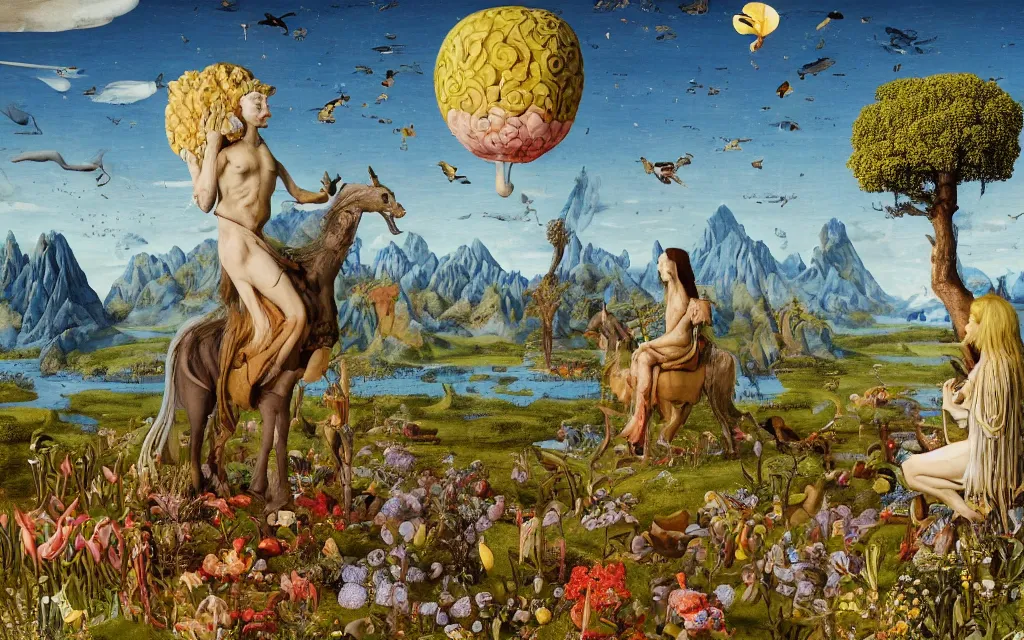 Prompt: a portrait photograph of a meditating sphinx and a centaur king riding birds at a wide river delta. surrounded by bulbous flowers, animals, trees and mushrooms. mountain range under a vast blue sky of burning stars. painted by jan van eyck, max ernst, ernst haeckel and artgerm, cgsociety, artstation, fashion editorial