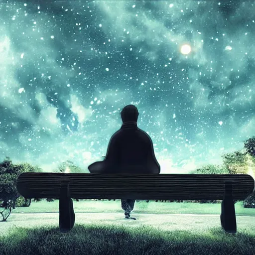Prompt: a man sitting on a bench at nigh, stunning digital art