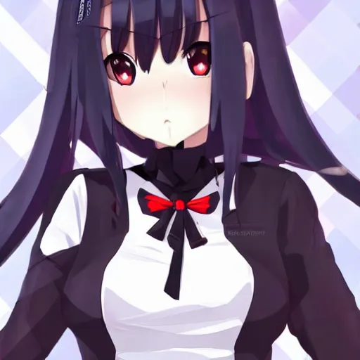 Prompt: a “red-eyed black-haired anime fox girl” wearing black fingerless-gloves, high-waist-black-skirt, white-collared-shirt blue-open-jacket, black-necktie, unsheathing her katana, white background, visual-key, anime illustration, pixiv, anime-twitter