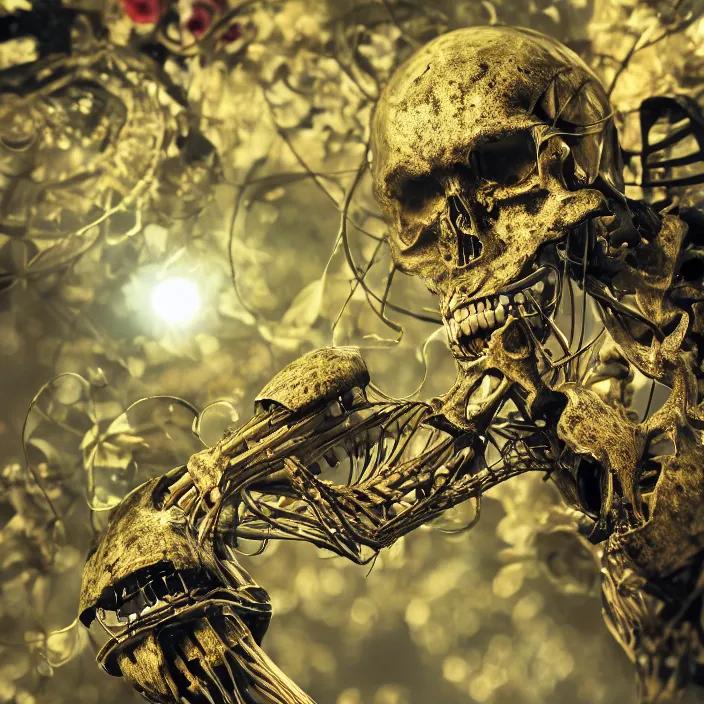 Image similar to overgrown foliage over a robotic bio skeleton, close - up, 3 5 mm, f 1. 8, bokeh, beautiful, lens flare, emotional, sweet, flowers, detailed, picture, trending on artstation, award - winning, shiny, golden