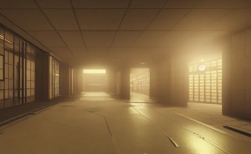 Prompt: screenshot of a game on unreal engine 5, narrow modern hallways of a secret government facility, photorealistic, liminal, retrofuturism, minimalism, soft vintage glow