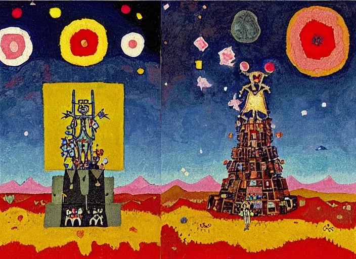 Prompt: pixel decollage painting tarot lovers card composition tower of babel road red armor maggot bear and wonky alien frog skeleton knight on a horse in a dark red cloudy night sky with golden foil jewish stars and diamonds, mountain lake and blossoming field in background, painted by mark rothko, helen frankenthaler, danny fox and hilma af klint, pixelated, naive