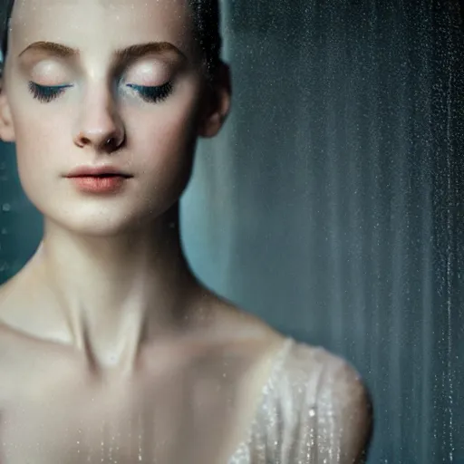 Prompt: portrait of a ballerina with a beautiful porcelain face, rain, cinematic light and reflections, beautiful dreamy lighting, photographed by annie leibovitz, zbrush,