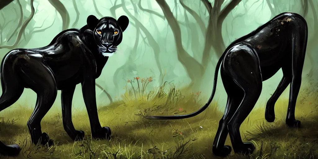 Prompt: a black lioness, made of smooth black goo, prowling through the forest, viscous, sticky, full of tar, covered with black goo. concept art, painting, animal drawing, color, savanna, wildlife photography, black goo, cinematic, in the style of cory loftis