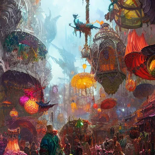 Prompt: bright fantasy bustling byzantine bazaar full of fantasy creature merchants. Distant view, concept art, fine detail, daniel dociu, trending on artstation, ultra crisp, vibrant,