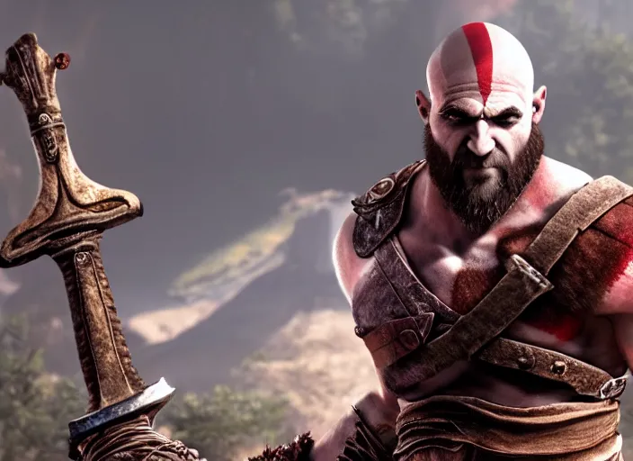 Image similar to in game screenshot of kratos holding up a laptop computer in victory from the new god of war game, 4 k