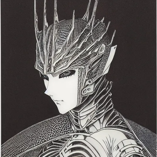 Image similar to prompt : black and white portrait soft light painted by takato yamamoto, black knight armor, inspired by ghost in shell anime, smooth face feature, intricate oil painting, high detail, sharp high detail, manga and anime 1 9 8 0