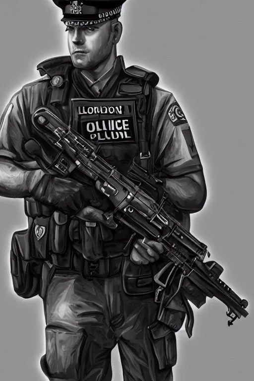 Image similar to london police officer heroically posing, highly detailed, digital art, sharp focus, trending on art station