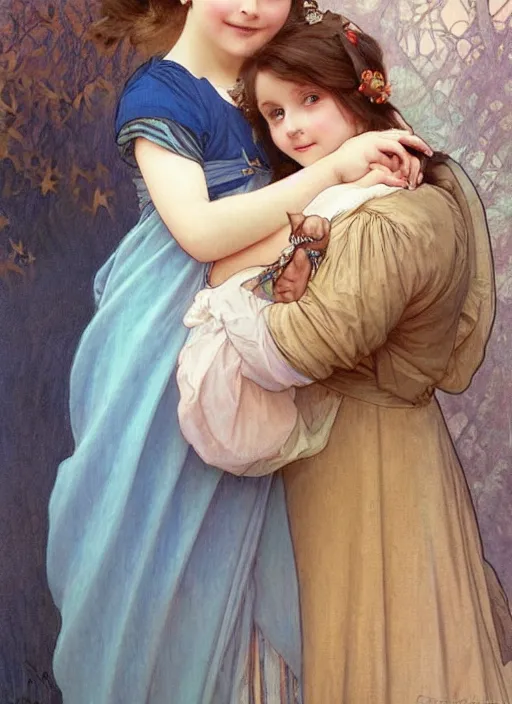 Prompt: a cute little girl with a round cherubic face, blue eyes, and short wavy light brown hair hugging her grandma. she is wearing a turquoise dress. beautiful painting by artgerm and greg rutkowski and alphonse mucha