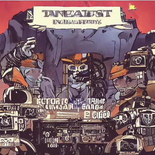 Image similar to Mcbess designed cyberpunk aesthetic TOOL album cover art of a giant mech warrior