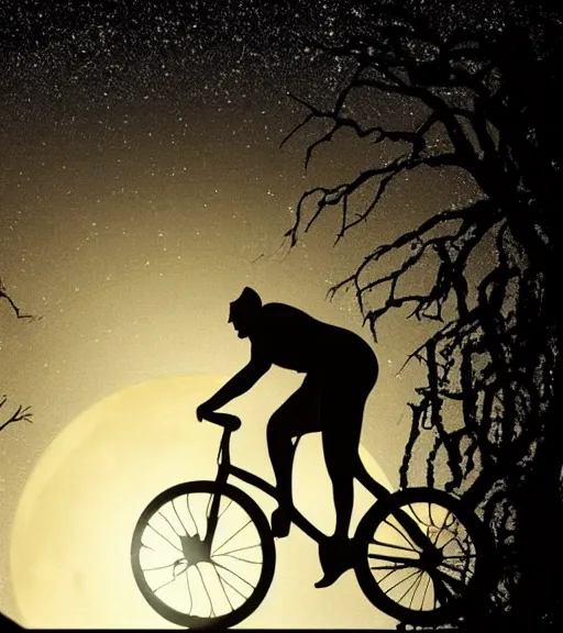 Image similar to superman riding a bike across the full moon as silhouette, from the movie e. t. the extra terrestrial, with dark trees in foreground, cinematic frame by steven spielberg, hd