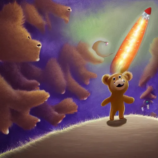 Prompt: fuzzy bear running to catch a rocket ship that already launched, digital painting, fine detail, matte finish