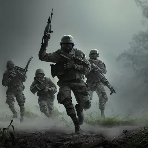Prompt: Mercenary Special Forces soldiers in light grey uniforms with black armored vest and helmet launching an ambush attack on insurgents in the jungles of Tanoa, combat photography by Feng Zhu, highly detailed, excellent composition, cinematic concept art, dramatic lighting, trending on ArtStation