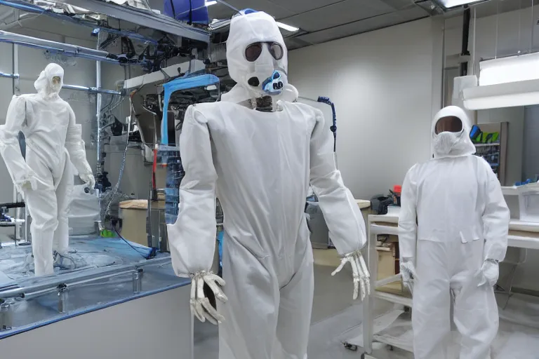 Prompt: man wearing hazmat suit in cleanroom 3D printing a large humanoid robot plastic skeleton. by Roger Deakins