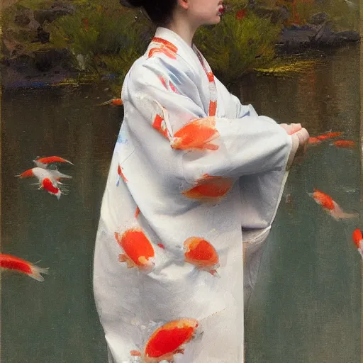 Image similar to girl in kimono, koi fish flying around her, jeremy lipking, joseph todorovitch