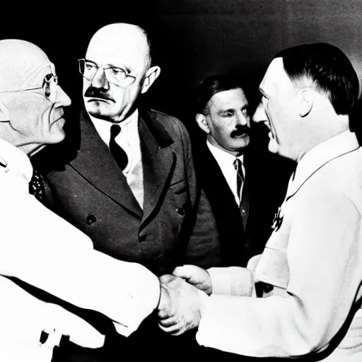 Image similar to adolf hitler shaking hands with walter white, black and white, cctv, over - the - shoulder shor