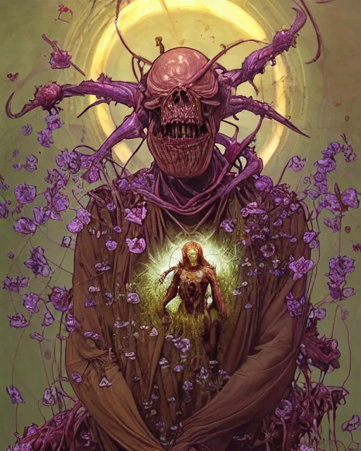 Image similar to the platonic ideal of flowers, rotting, insects and praying of cletus kasady carnage thanos davinci dementor wild hunt chtulu mandala ponyo heavy rain the witcher, d & d, fantasy, ego death, decay, dmt, psilocybin, concept art by randy vargas and greg rutkowski and ruan jia and alphonse mucha