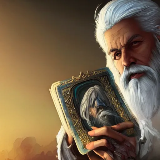 Image similar to a man with white hair and beard, wearing nomadic clothing holding a soul jar portrait, backlight, rim lighting, deep focus, d & d, fantasy, intricate, elegant, highly detailed, digital painting, artstation, concept art, matte, centered, sharp focus, illustration, hearthstone, art by artgerm, greg rutkowski and alphonse mucha