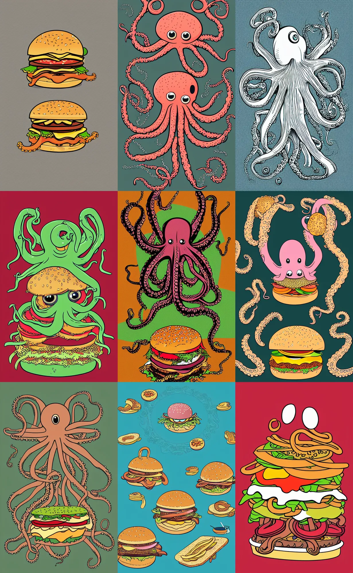 Prompt: highly detailed illustration of octopus eating a burger, symmetrical, hd, trending, tritone three - color silk screen vector