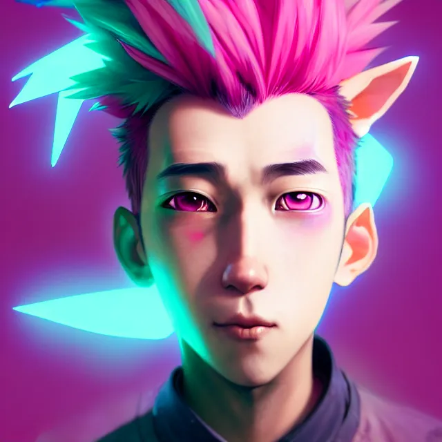 Prompt: a beautiful headshot portrait of a handsome anime male boy with pink hair and pink wolf ears and green eyes wearing cyberpunk clothes. character design by cory loftis, fenghua zhong, ryohei hase, ismail inceoglu and ruan jia. artstation, volumetric light, detailed, photorealistic, fantasy, rendered in octane