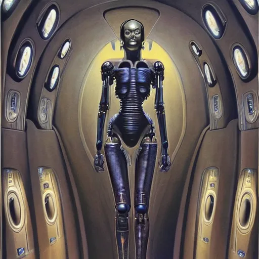 Prompt: a female with robotic interior, cyborg, by clyde caldwell, james c. christensen, h. r. giger, george tooker