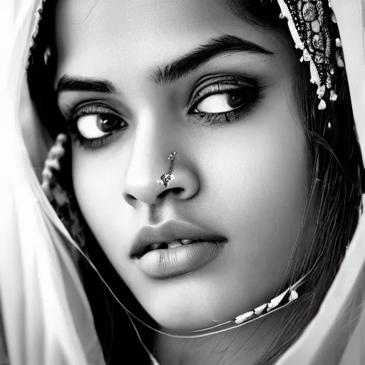 Image similar to Portrait photography of indian beauty who have the nose of Angelina Jolie, lips of Megan Fox and the eyes of Rihanna, award winning photography by Leonardo Espina