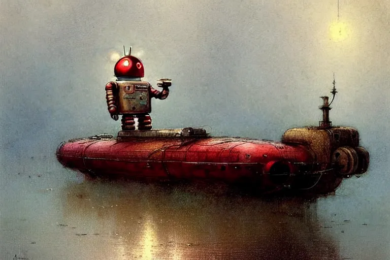 Image similar to adventurer ( ( ( ( ( 1 9 5 0 s retro future robot android mouse large house boa rvt tug boat calm stream. muted colors. ) ) ) ) ) by jean baptiste monge!!!!!!!!!!!!!!!!!!!!!!!!! chrome red