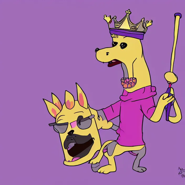 Image similar to a digital drawing of an anthropomorphic dog wearing a purple hoodie and a crown, smashing a golden trophy with a baseball bat. in the style of bojack horseman. lisa hanawalt