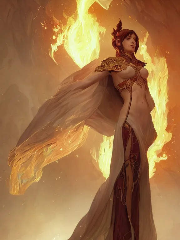 Image similar to young summoner with a fire elemental, fantasy, female, thick robes, intricate, elegant, highly detailed, digital painting, artstation, concept art, wallpaper, smooth, sharp focus, illustration, art by artgerm and greg rutkowski and alphonse mucha