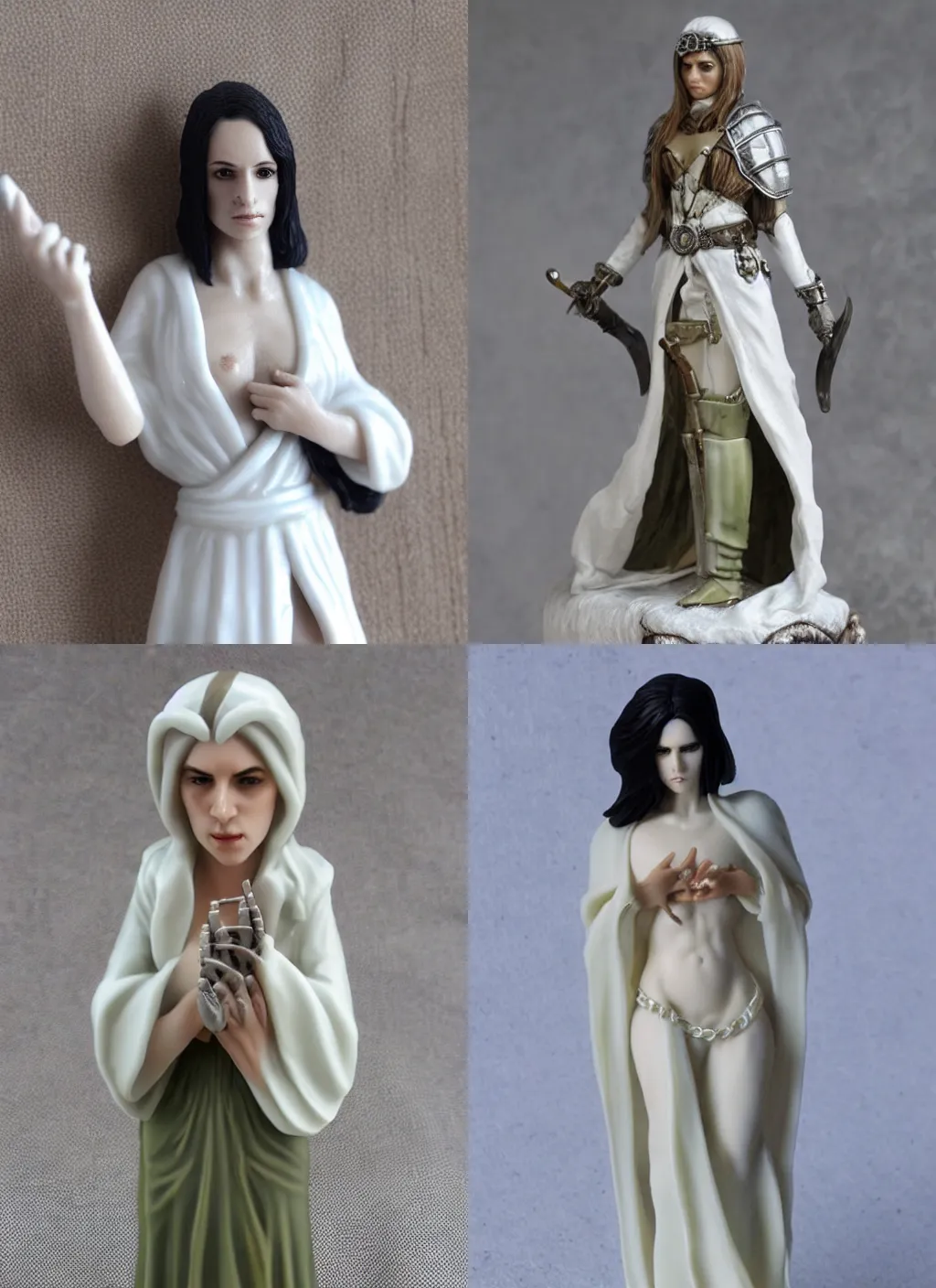 Prompt: 80mm resin detailed miniature of a mother, clothed in white robe, armor, olive skin, long dark hair, handcuffs, beautiful bone structure, symmetrical facial features, Product Introduction Photos, 4K, Full body