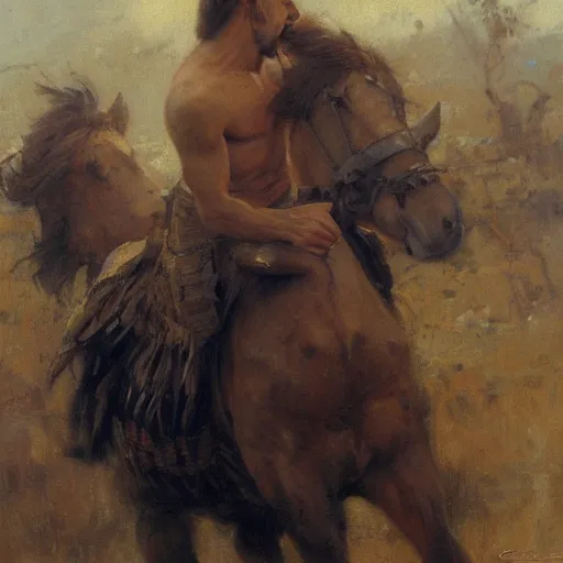 Prompt: a man with a pony tail haircut, painting by Gaston Bussiere, Craig Mullins