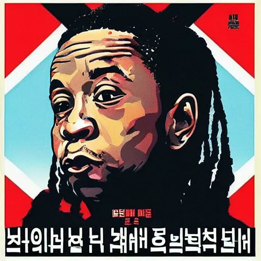 Image similar to “ lil wayne with a little bruce wayne, north korean propaganda poster, album cover ”
