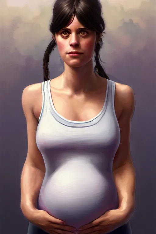 Prompt: pregnant zooey channel in a tight gym tank top, realistic portrait, symmetrical, highly detailed, digital painting, artstation, concept art, smooth, sharp focus, illustration, cinematic lighting, art by artgerm and greg rutkowski and alphonse mucha