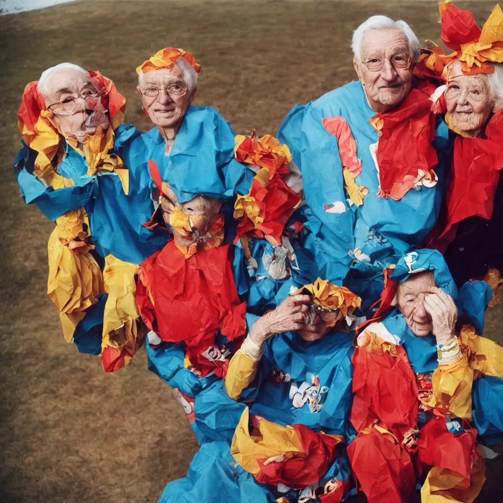 Image similar to a martin parr photo of a grandpa couple, wearing weird trash costumes, fujifilm velvia 5 0