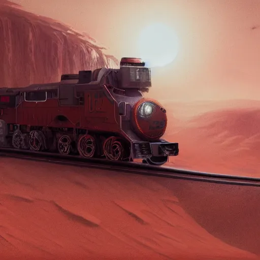 Prompt: an intricate, detailed matte painting of a train on mars, dusty, dramatic lighting, 4k, trending on artstation, by Greg Rutkowski
