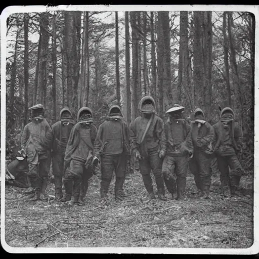 Prompt: “ a group of men wearing gas masks in the forest, 1 9 0 0 ’ s photo ”