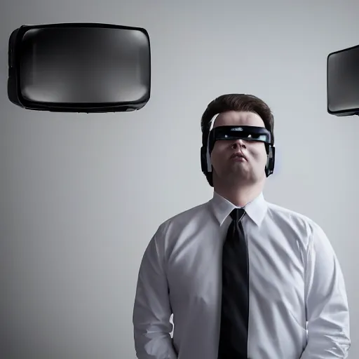 Image similar to clean - shaven chubby white man wearing white dress shirt, necktie, and black dress pants wearing a vr headset. he look mesmerized. iq 4, f / 1. 4, iso 2 0 0, 1 / 1 6 0 s, 8 k, raw, dramatic lighting, symmetrical balance, in - frame