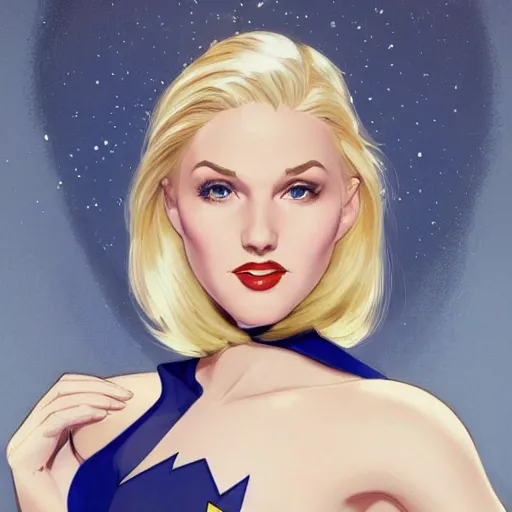 Prompt: a beautiful pin - up portrait of a beautiful cute superhero woman, blonde hair, bob haircut, matte navy - blue bodysuit, white cape, intricate, elegant, 8 k, highly detailed, digital painting, concept art, smooth, sharp focus, illustration, disney, artgerm and loish and wlop and alphonse mucha