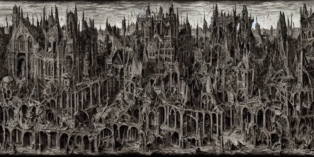 Prompt: demonic gothic megastructure at dusk in the style of heironymus bosch, intricate masterpiece, hyper detailed, hd