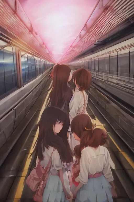 Prompt: Ultra realistic 3d illustration, cute 3d anime lofi schoolgirls hugging each other on huge japanese elevated subway at dark infrared sunset. fantasy, elegant, dramatic light, trending on artstation, smooth, sharp focus, illustration, art by hiro kiyohara and hayao miyazaki oil painting