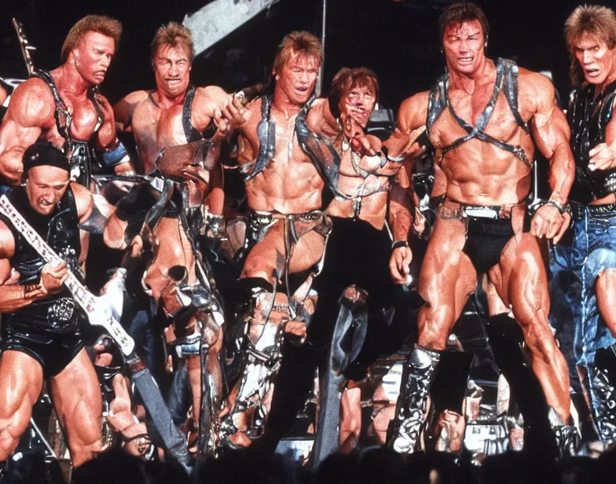 Prompt: colour photo off arnold schwarzenegger, sylvester stallone, dolph lundgren, Chuck Norris and Jean-Claude Van Damme in a heavy metal band, playing guitars, drums, on stage at monsters of rock 1992, pyrotechnics, smoke, vivid colors, daylight, photo real, 28mm, press photograph, wide view, Eastman EXR 50D 5245/7245