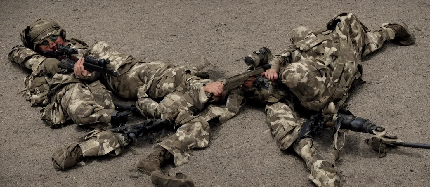 Prompt: future soldier laying down with sniper rifle ready to shoot enemy