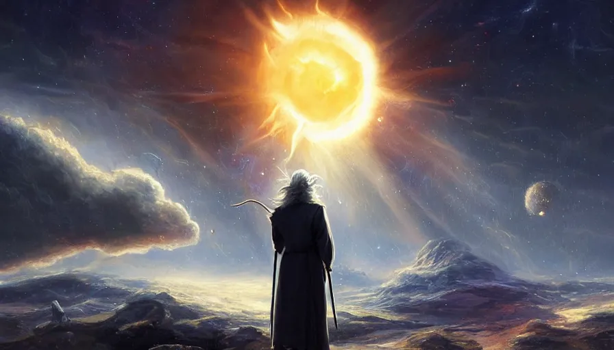 Image similar to a beautiful painting of gandalf watching a giant star going supernova in the sky of an alien world, ray traced lighting by jean kalin popov and greg rutkowski