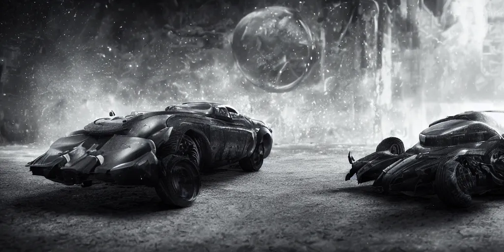 Image similar to the batmobile trapped in the flow of time. photorealistic. octane render. 8 k. monochrome. cinematic.