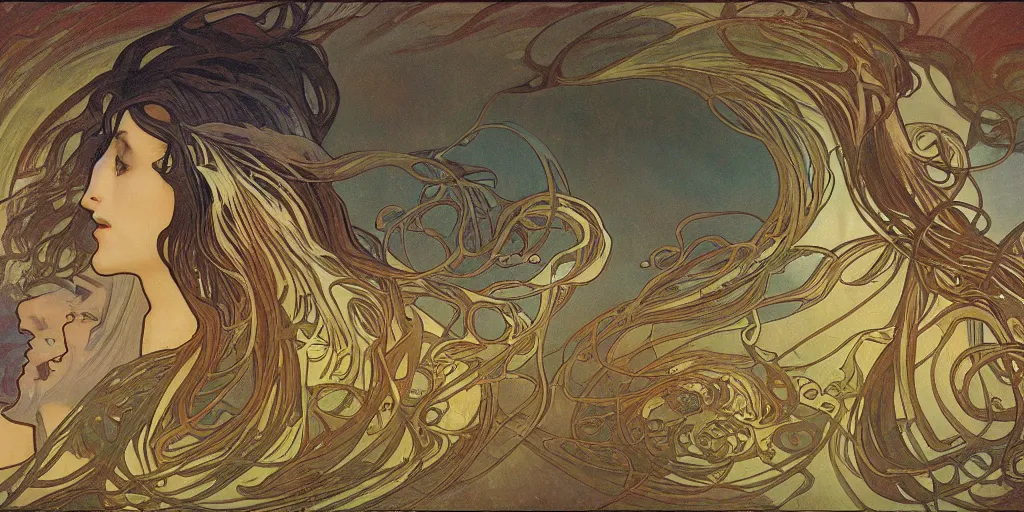 Prompt: photorealistic epic landscape with swirls of mist by alphonse mucha. ominous clouds, intense light beams, strange levitating stones, stones falling from the sky, delicate swirls of mist by alphonse mucha. occult photorealism, uhd, amazing depth, glowing, volumetric lighting, cinematic lighting.