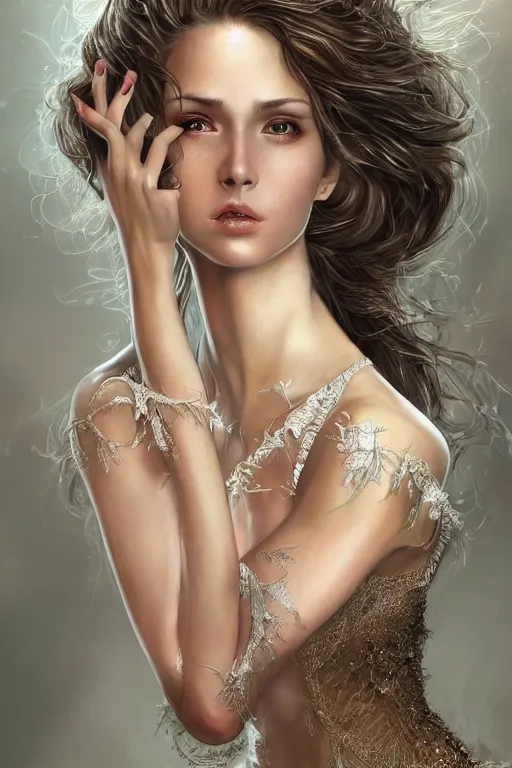 Prompt: a super realistic sexy young woman, fantasy, intricate, highly-detailed, elegant, dramatic lighting, gorgeous face, lifelike, photorealistic face, long luxurious gown, digital painting, artstation, illustration, concept art, smooth, sharp focus, art by Jude Palencar, Luis Royo, John Collier, artgerm, and Albert Aublet and Krenz Cushart and Artem Demura and Alphonse Mucha