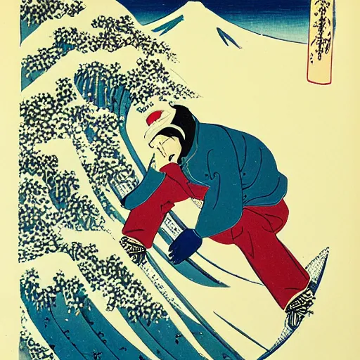 Image similar to man snowboarding with roostertail woodblock print, style of hokusai, fine art, style of kanagawa, winter painting