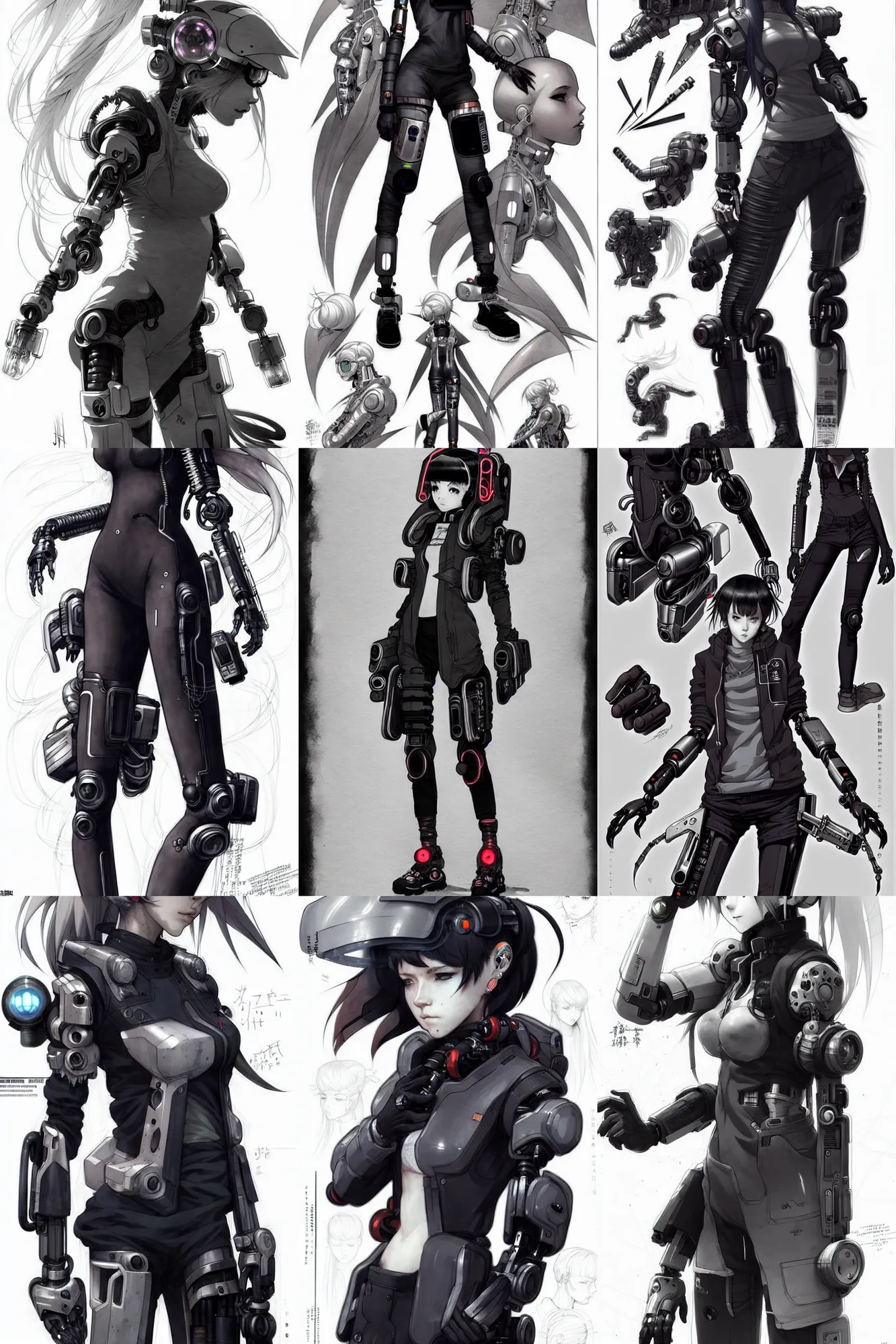 Prompt: ( ( ( ( ( futuristic cyborg human girl with nice streetwear, cyberpunk style, anime detailed line work, 8 k. fashion reference sheet. ) ) ) ) ) by jean - baptiste monge!!!!!!!!!!!!!!!!!!!!!!!!!!!